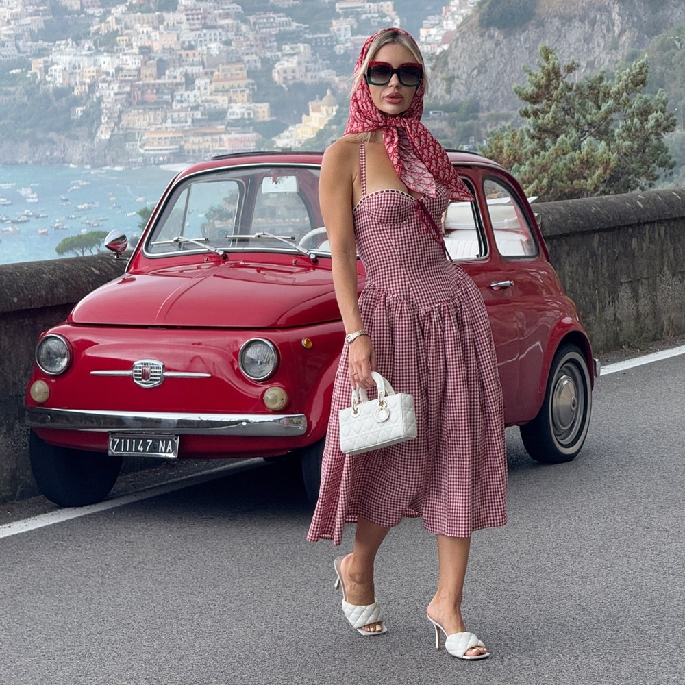 Elegant Red Gingham Dress/ XS